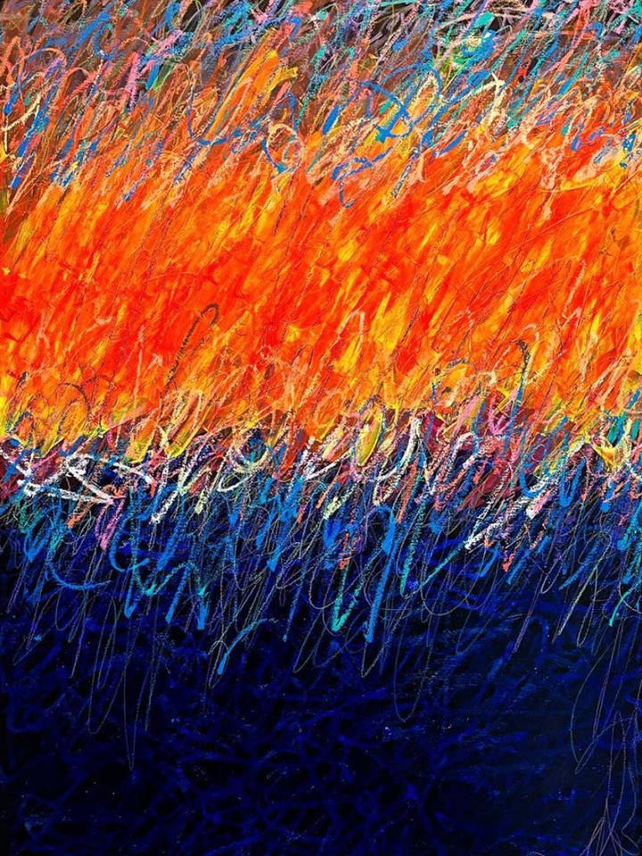 Bright colorful painting showing abstract stripes of reds, oranges, and blues