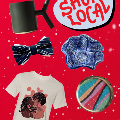 Shop Local, featuring a collage of gift objects on a sparkly red background. Objects include a cup, bowtie, mirror, T-shirt, and bowl