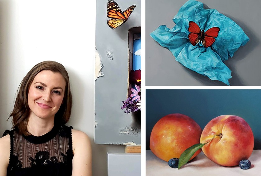 A smiling woman with shoulder-length brown hair, wearing a sleeveless black top, poses next to a collage of still-life paintings of butterflies and peaches