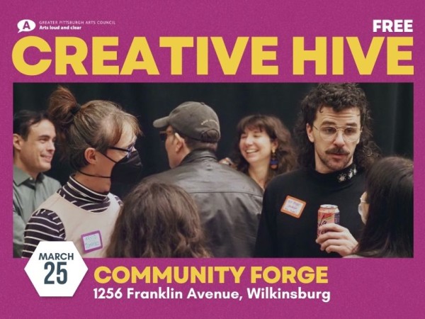 A group of people network together inside an event space. Creative Hive on March 25 at Community Forge