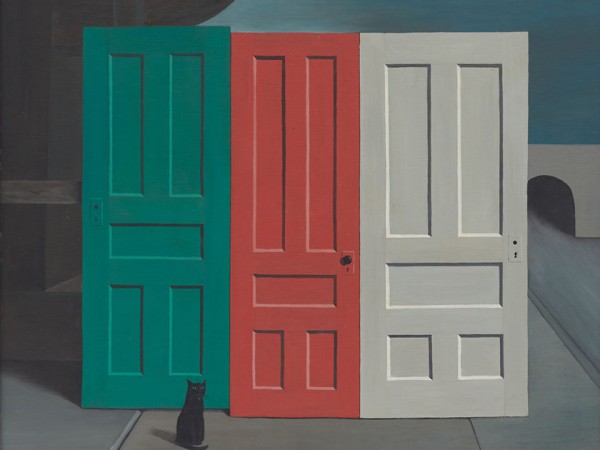 Colorful artwork shows a black cat sitting in front of three tiny side-by-side doors. the first door is green, the second is red, and the third is gray.