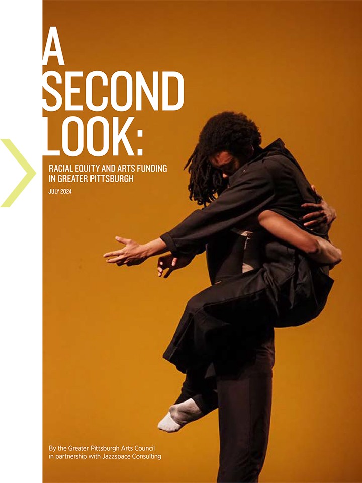 A Second Look: Racial Equity and Arts Funding in Greater Pittsburgh. Two dancers embrace on an orange background.