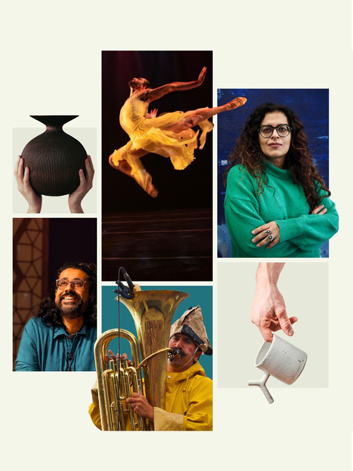 Collage of six artistic photographs including a dancer, musician, artist, and pottery