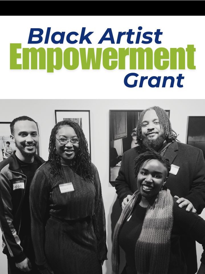 The text, "Black Artist Empowerment Grant," is shown above a black-and-white photo of four Black artists