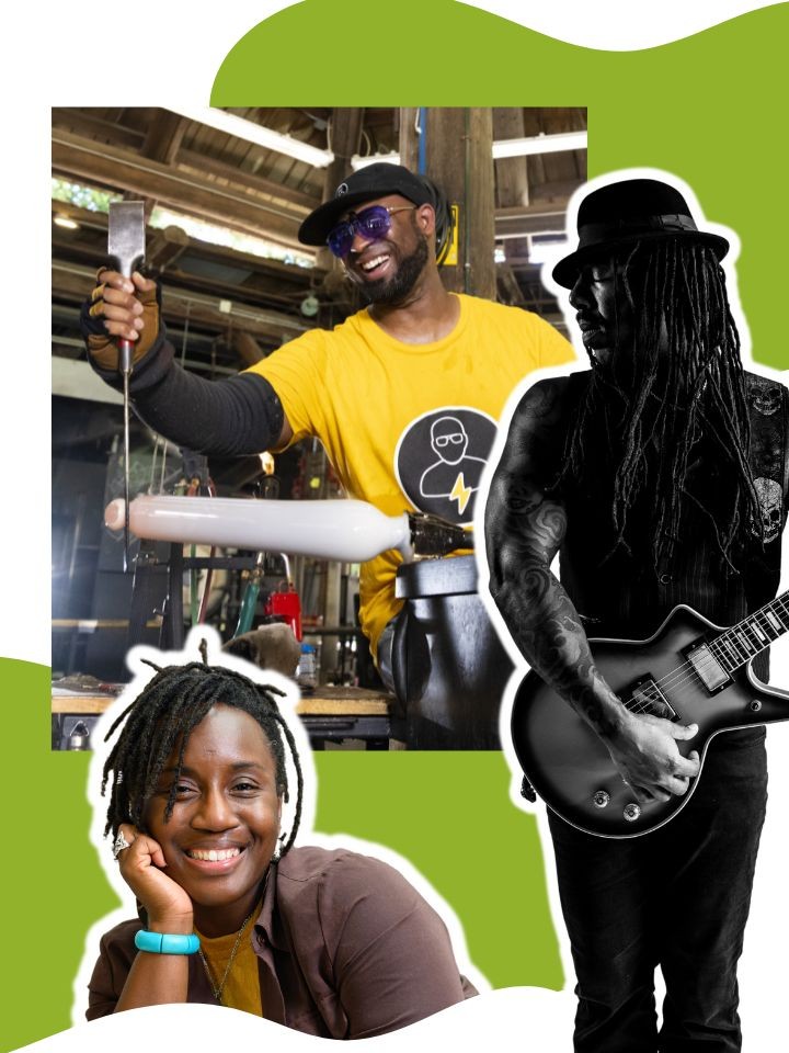 A collage of three photos of Black artists including a woman smiling, a man working on glassblowing, and a male musician holding a guitar