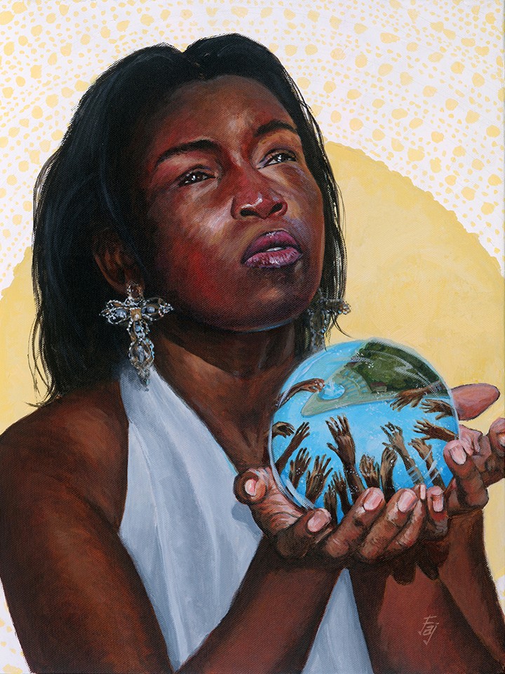 Painting of a Black woman looking upwards and holding a globe in her hands that shows a bunch of Black hands reaching towards Pittsburgh's Point State Park. In the background is a graphic illustration of a large sun-like object