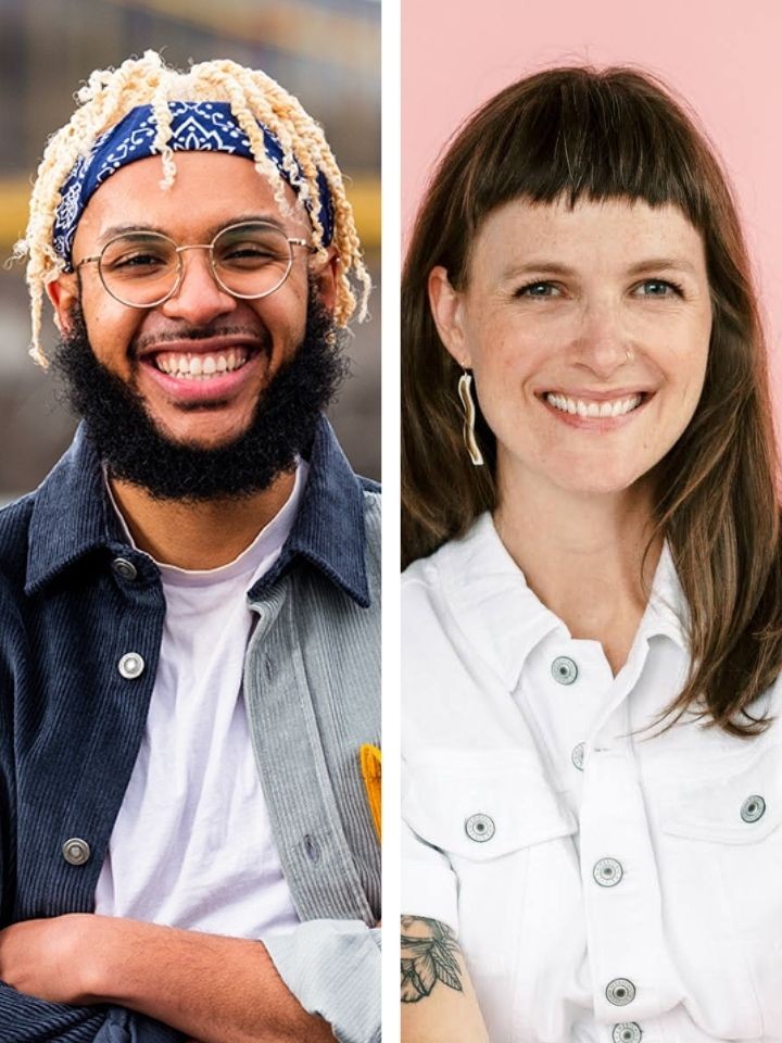 Two portraits are shown side-by-side. At left is a smiling Black man with blonde hair pulled back in a headband and a dark beard, wearing a white t-shirt and a black-and-gray long sleeved shirt. At right is a smiling white woman with long straight dark hair, long earrings, and a white short sleeved collared shirt