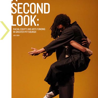 A Second Look: Racial Equity and Arts Funding in Greater Pittsburgh. Two dancers embrace on an orange background.