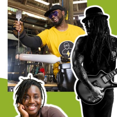 A collage of three photos of Black artists including a woman smiling, a man working on glassblowing, and a male musician holding a guitar