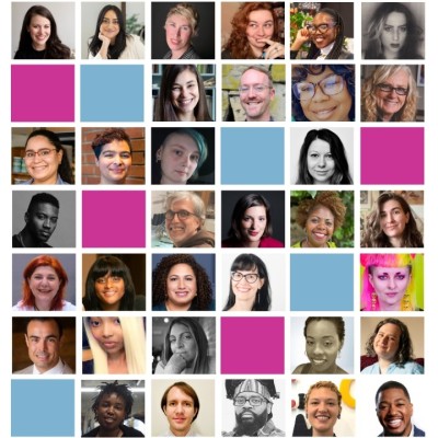 A collage of 44 headshots of people from various backgrounds and identities pictured in a grid format