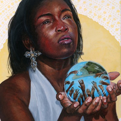 Painting of a Black woman looking upwards and holding a globe in her hands that shows a bunch of Black hands reaching towards Pittsburgh's Point State Park. In the background is a graphic illustration of a large sun-like object