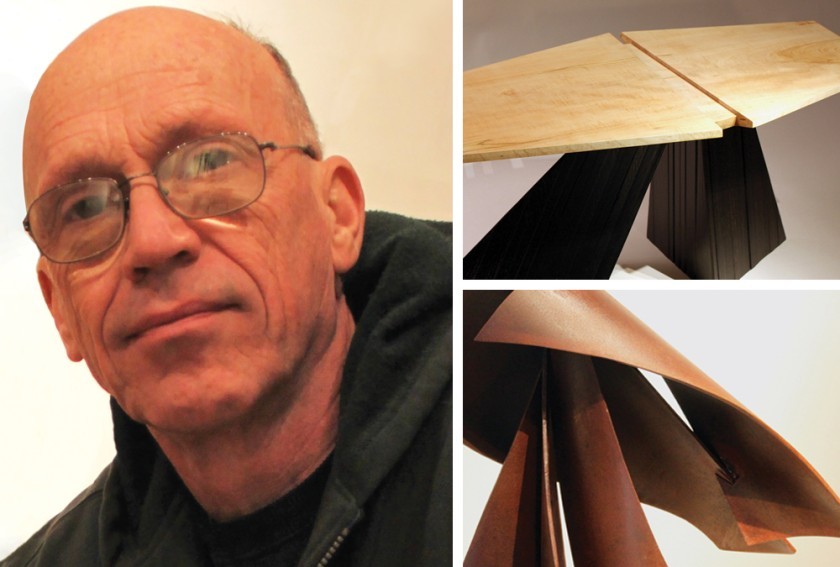 A white man with no hair, glasses, and a black hoodie is pictured next to detailed photographs of two sculptures