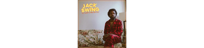 Jack Swing's Get What's Mine For You album, featuring a photo of a Black man with dark hair, beard, and mustache, wearing red-and-black plaid pajamas, and sitting on a flowered sofa